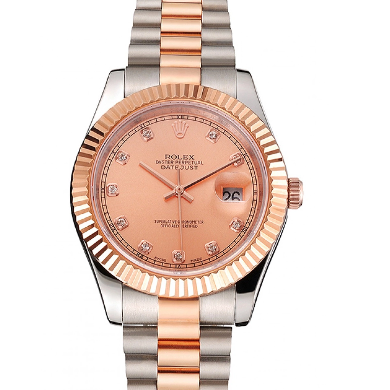 Good copy rolex watches Rolex Tone Gold Steel Bezel Stainless Dial Rose Swiss Case And Two Bracelet Datejust 0522